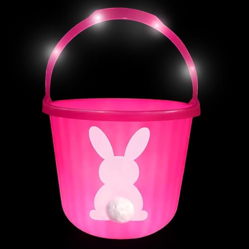 GIFTEXPRESS 1pc Pink LED Light Up DIY Bunny Tail Easter Egg Hunt Basket Bucket, Plastic Candy Pail for Girls, Ideal Easter Egg Night Hunt for Kids at Church Event and Home