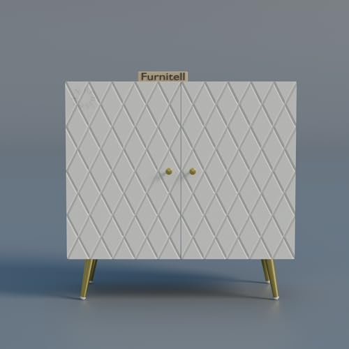 Image of Modern Wooden Storage Cabinet with 2 Doors | Geometric Design Sideboard /Cupboard for Living Room | Multipurpose Organizer for Bedroom & Entryway | HDMR Premium Wood | Gold Metal Legs(White)