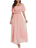 Womens Short Sleeve Chiffon Elegant Maxi Dress Smocked Wedding Guest Cocktail Party Dress Blush XL