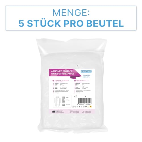 5x ARNOMED® PP Schutzkittel Einweg Gr. XXL, weißer Einmalschutzkittel, Vlieskittel, Einwegkittel Schutzkittel mit Druckknöpfen, Einwegmantel Plastik Maleranzug, OP Kittel Lebensmitteltauglich