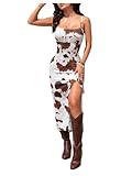 Verdusa Women's Cowgirl Dress Western Outfit Boho Bodycon Long Slit Thigh Cami Dresses White and Brown Small