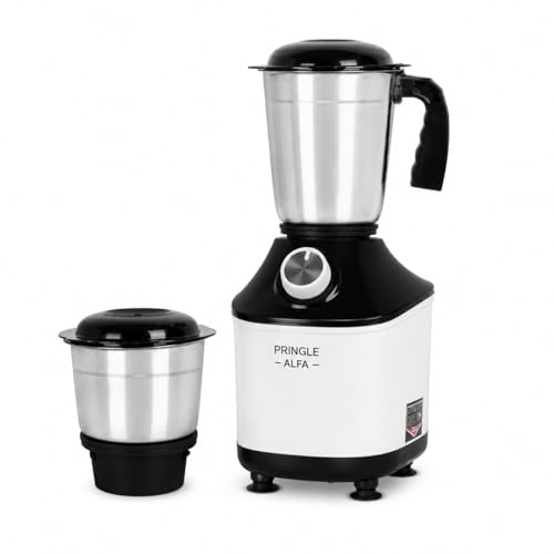 Image of Pringle Alfa 550W 2 Jar Mixer Grinder for Kitchen | 2 SS Jars (Wet & Dry Grinder & Chutney) | Stainless Steel Blades | Compact & Powerful | 5 Yr Warranty | Black White