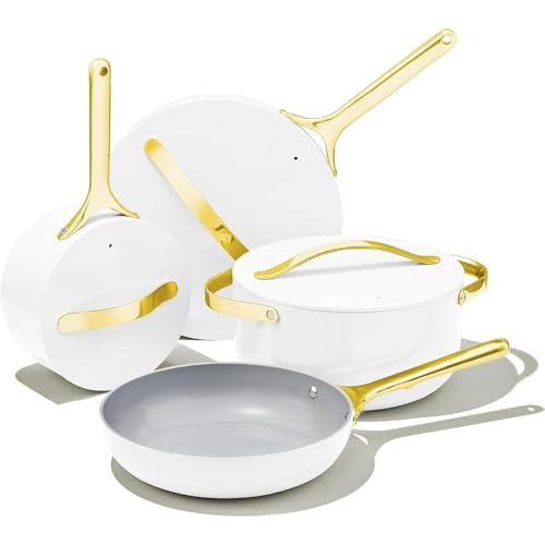 Juego de utensilios de cocina de cerámica antiadherente (12 piezas) con ollas, sartenes, tapas y utensilios de cocina. No tóxico. Apto para horno. Color blanco (12 piezas/BLANCO).