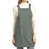 ELEZAY Aprons for Women with Pockets Unisex Comfort Cross Back No Tie Cotton Linen Apron Pinafore for Cooking Painting Floral Arrangement Gardening Cleaning Green, Medium