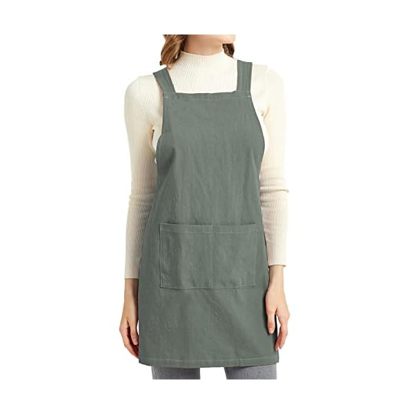 ELEZAY Aprons for Women with Pockets Unisex Comfort Cross Back No Tie Cotton Linen Apron Pinafore for Cooking Painting Floral Arrangement Gardening Cleaning Green, Medium