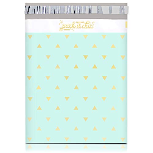 Pack It Chic - 10X13 (100 Pack) Mint Gold Triangles Poly Mailer Envelope Plastic Custom Mailing & Shipping Bags - Self Seal