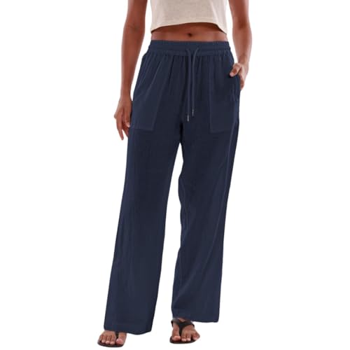 Amazhiyu Womens 100% Linen Wide Leg Elastic Lounge Pants Side Slit with Pockets