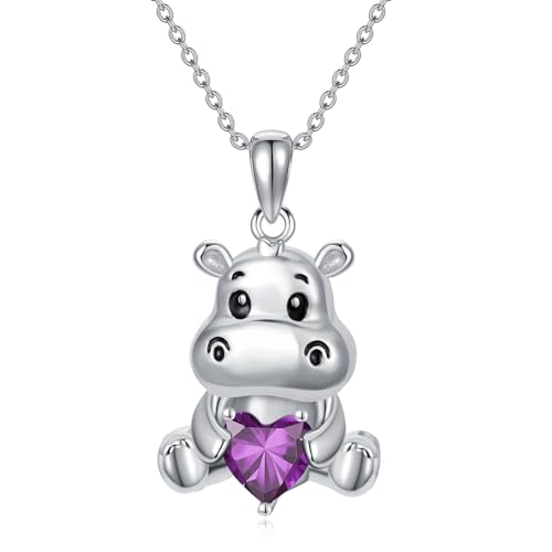Image of PROESS Animal Birthstone Necklace 925 Sterling Silver Otter /Axolotl /Hippo /Elephant /Dachshund /Monkey /Red Panda Pendant Necklace Animal Birthstone Jewelry Gifts for Women