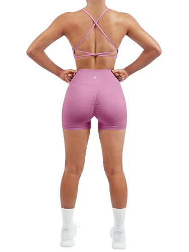 Image of SUUKSESS Women Seamless Workout Sets Strappy Sports Bra High Waist Booty Shorts Outfits