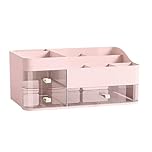 Lacusmall Desktop Makeup Organiser with Storage Drawers, Desk Make Up Organiser Large Capacity for Skincare, Lipsticks, Nail Care, Jewelry Box for Bedroom Accessories Vanity, Pink