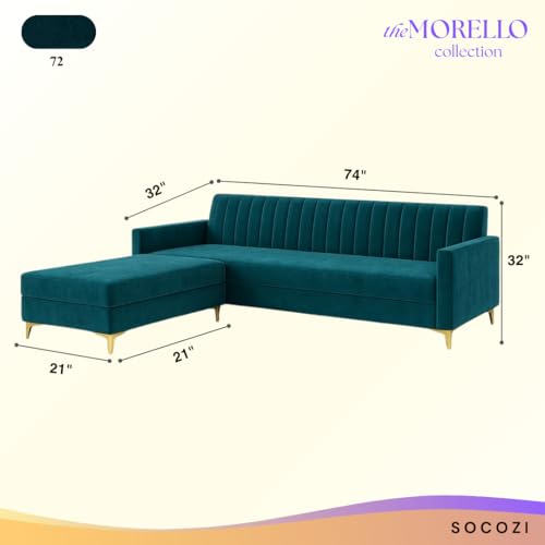 Image of SOCOZI Morello 4 Seater L Shape Sofa Set with Movable Ottoman | Flexible Left or Right Layout | Soft Velvet Suede Fabric | Modern Design | Plush Comfort Cushions for Living Room (Green Teal)