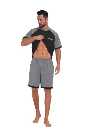 Image of Mens Pajamas Set Lightweight Summer Pjs Sleepwear Soft Comfy Short Sleeve Loungewear With Pocket (S-4X)