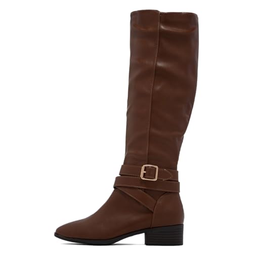 Zszszsu Women's Classic Low Flat Heel Knee High Boot Fashion Round Toe Buckle Strap Riding Boots Side Zipper Warm Winter Dress Shoes Size 4-16 US2