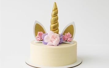 Homebakers Mart Unicorn Horn Cake Topper with Ears & Flowers | Golden Glitter Unicorn Cake Decoration for Birthday, Baby Shower & Theme Cakes