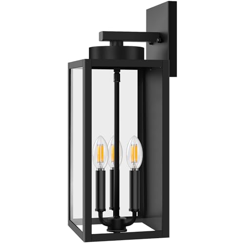 Image of BesLowe 19 inch Large Outdoor Wall Light, 3-Light Exterior Porch Sconce, Black | Waterproof, Rust-Resistant, Durable Metal with Clear Glass, Standard E12 Socket, Easy to Install