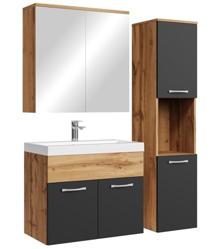 Badplaats B.V. Meuble de Salle de Bain Montreal 60 cm avec Miroir Armoire Chene, Noir Mat - Armoire de Rangement Meuble lavabo evier Meubles