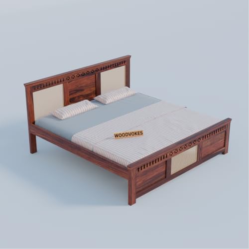 Image of Sheesham Wood 1 Bed Without Storage Solid Wooden Cot Bed Elegant and Functional Bedroom Living Room Home (Honey Finish 3 Can, Queen)