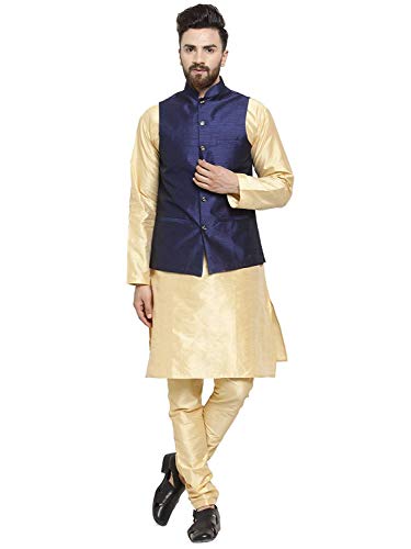 Kurta Pyjama en Soie Mélangée de Qualité Supérieure avec Veste Nehru Royal Kurta Or Bleu Marine 38