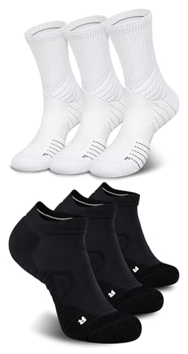 Hylaea 6 Pairs Running Socks for Men, Coolmax Anti-Blister Cushion Socks for Athletic, Padded Moisture Wicking & Seamless Size L White & Black