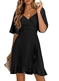 Dokotoo Womens Summer Wrap V Neck Short Flared Sleeve Smocked Elastic Waist Tiered Belted Ruffle Hem Mini Dress Graduation Dress Black M