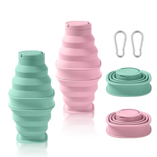 yotutun 2 Botella de agua plegable de silicona de 600 ml, Botella de agua portátil plegable con 2 mosquetones, Botella deportiva de silicona a prueba de fugas para deportes al aire libre (Rosa + Azul)