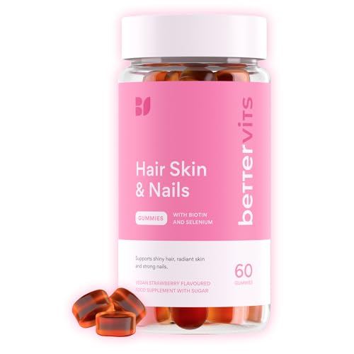 Bettervits Hair, Skin and Nails Vitamins | Hair Growth Vitamins A, B6, C, D, E with Zinc & Selenium| Biotin Gummies for Women - Nails Strengthen and Glowing Skin | 60 Vitamin Gummies