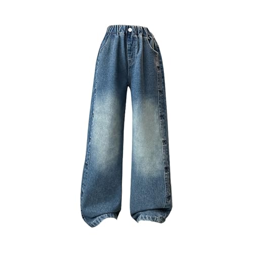 Kids Girls Wide Leg Straight Jeans Washed Elastic High Waist Denim Pants Baggy Casual Trousers for Youth Girls