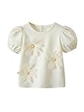 Verdusa Toddler Girl's 3D Floral Pearls Dressy Blouse Shirts Cute Puff Sleeve Boho Chic Tops Apricot 7Y