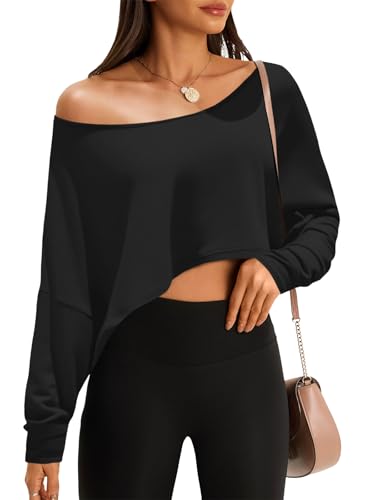 Fisoew Womens Off The Shoulder Cropped Tops Batwing Long Sleeve Loose Fit Summer Boat Neck Workout T Shirts Black