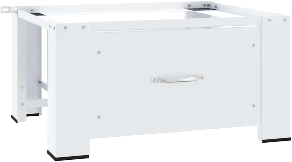 vidaXL Washing Machine Pedestal with Drawer - White, Steel, 100 kg Capacity, Rubberised Non-Slip Feet, 63 x 55 x 32.5 cm Dimensions