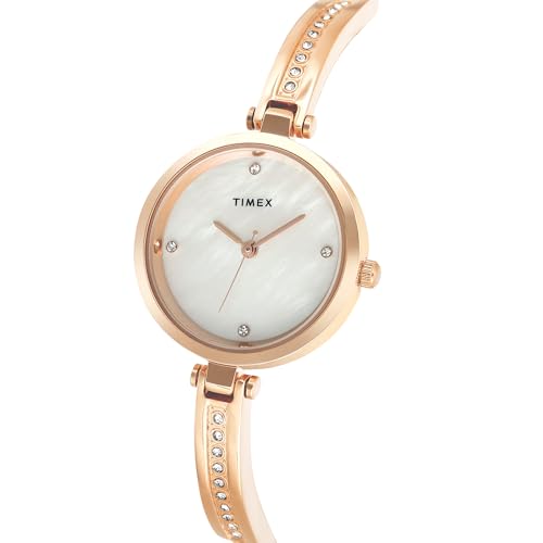 Image of TIMEX Analog Watch for Women with Mother of Pearl White Round Dial & Rose Gold Brass Bracelet Band Water Resistant Women's Wrist Watches - TWEL200SMU05
