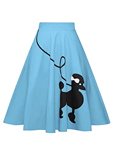 ZEZCLO Women Poodle Skirt 50s Vintage Pleated A-line Zipper Skirts Light Blue XXL