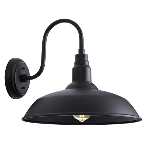 Image of 16 Inch Dome Barn Light for Porch, Large Gooseneck Outdoor Light Fixture for Farmhouse, Barn Style Exterior Patio Wall Lights for Garage, Black Outside Wall Sconce for Front Door, House