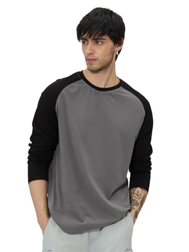 Image of The Souled Store Black Men and Boys Round Neck Solid Regular Fit Cotton Full Sleeve T-Shirts