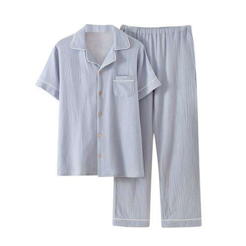Xiaojmake Pajamas Matching Set for Men Summer Fall Button Down Sleepwear Short Sleeve Lapel Cozy 2Pcs Loungewear Pjs Sets