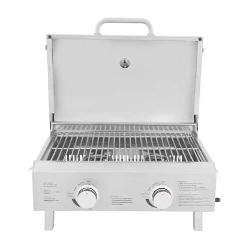 TaNeHaKi Barbacoa de gas plegable, 2 quemadores de acero inoxidable, barbacoa de mesa con termómetro de barbacoa, barbacoa de camping, barbacoa de gas, hornillo de gas
