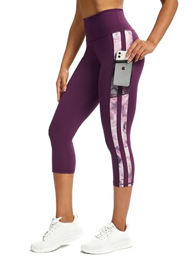 Tuspryt Damen 3/4 Jogginghose mit Taschen, Sporthose Damen 3/4 mit Tummy Control, Vier-Wege-Stretch, Moisture-Wicking, Hohe Taille, Purple, XL