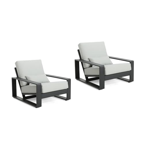 Christopher Knight Home Aspen Aluminum Outdoor Club Chair Set of 2, Lounge Chair Outdoor with Cushions, Indoor Metal Accent Chair, Tilt Backrest Recliner for Backyard, Garden, Balcony, Black+Grey by Christopher Knight Home - Image 2