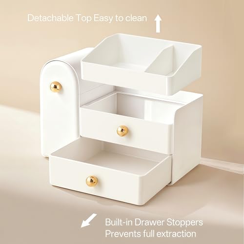 HBlife Makeup Organizer Countertop with Drawers, Vanity Organizers with Brush Holder, Bathroom Counter Organizer for Perfume, Nail Polishes, Lipsticks, Skincare and Eyeshadow Palettes, All White by HBlife - Image 5