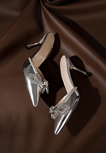 Zamikoo Women's Mule Sandals, Pointed Toe Slip On High Heel Sandals, Stiletto Heel Mules With Rhinestone Bowknot, Dress Pump Shoes For Summer Patent Silver Heels Us Size 7 #TOP3