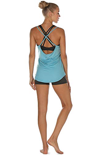 Icyzone Workout Tank Tops For Women - Athletic Yoga Tops Open Back Strappy Running Shirts (Pack Of 2) (M, Aquamarine/Orange) #TOP2