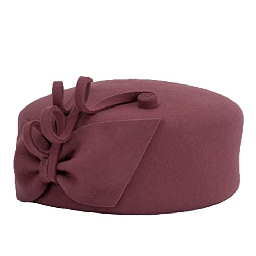 Aobricon Wool Felt Berets Women Party Flower Formal Fedora Hat Banquet Grace Woolen Pillbox Beautiful Cap Wine Red, One Size #TOP6