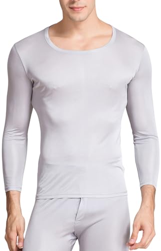 Men Silk Long Johns Shirt Long Sleeves Thermal Underwear Top Lightweight Mulberry Silk Base Layer Undershirt Blouse