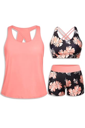Image of Tempt Me 3 Piece Tankini Swimsuits for Women Athletic Bathing Suits Swim Tank Top with Boy Shorts and Bra Modest Swimwear