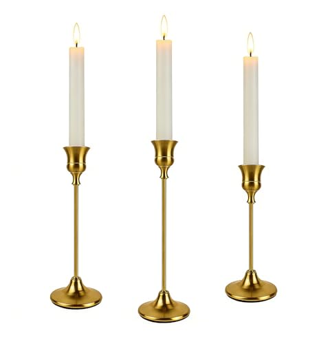 Filltown Lot de 3 bougeoirs en laiton doré, bougeoirs coniques en métal, bougeoirs vintage modernes dorés pour décorations de bougies, mariages, fêtes,...