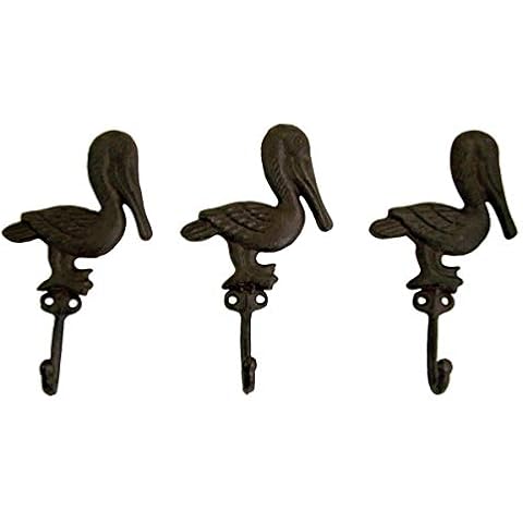 Wowser Rustic Brown Cast Iron Pelican Wall Hooks, Set of 3, 7 1/2 Inch Cover