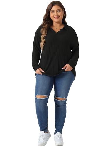 Image of Agnes Orinda Women's Plus Size Loose Polo V Neck Long Sleeve T Shirts Tops Collared Ribbed Brushed Top Sweater Casual