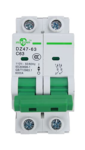 ZGLEDUN AC Miniature Circuit Breaker, 2 Pole 63Amp, 12-240VAC, 6kA Din Rail Mount Breaker with Thermal Magnetic Trip, DZ47-63 2P, AC Solar MCB