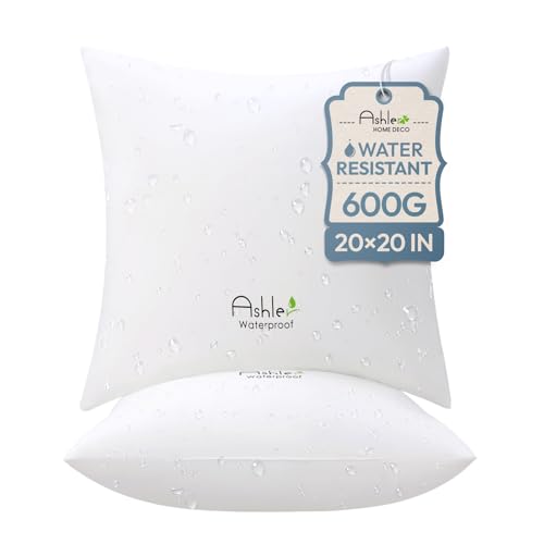 Outdoor Pillows 20 X 20 Pillow Inserts Pack of 2 Water-Resistant Decorative Premium Square Pillow Stuffer Sham Waterproof Pillow for Sofa Couch Porch Patio Living Room Bedroom Furniture
