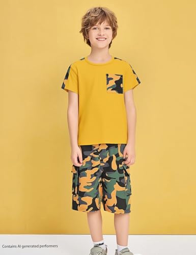 Image of mksodopy Boys Summer Outfit Set 2 Piece T Shirt and Camo Shorts Casual Clothes for Little Big Boys 5-16